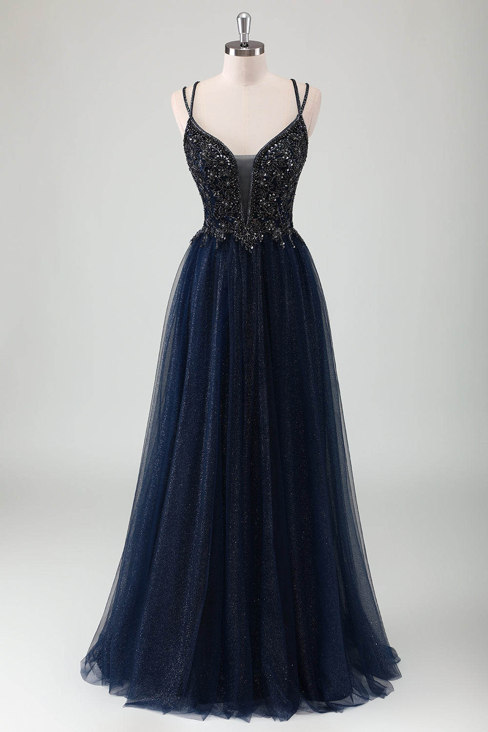 Sparkly Navy A-Line Spaghetti Straps Long Prom Dress with Sequins