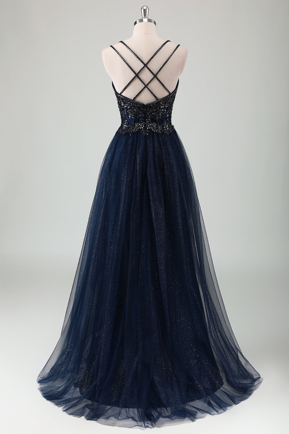 Sparkly Navy A-Line Spaghetti Straps Long Prom Dress with Sequins