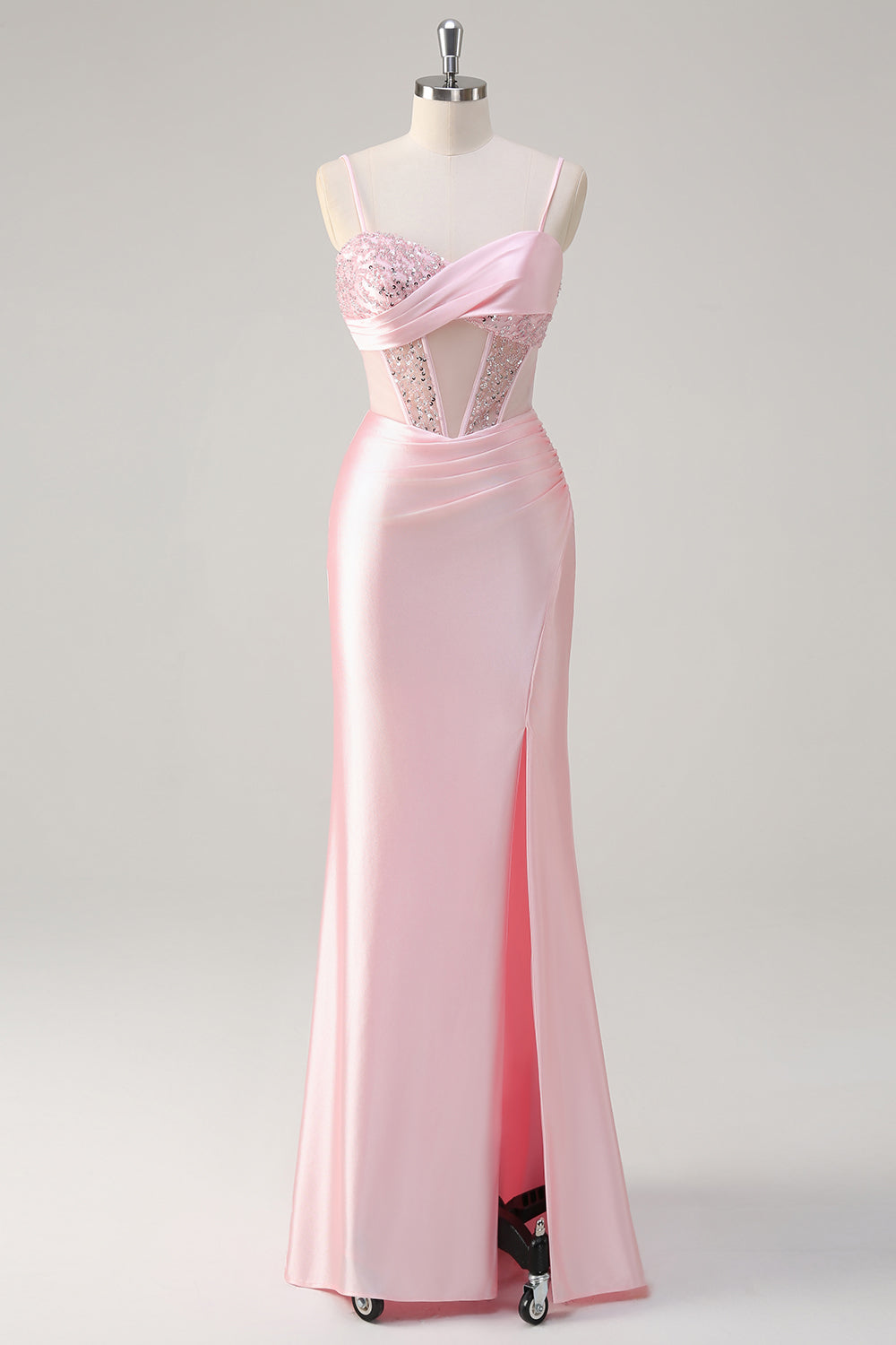 Sparkly Pink Mermaid Sheer Corset Ruched Sequin Long Prom Dress with Slit