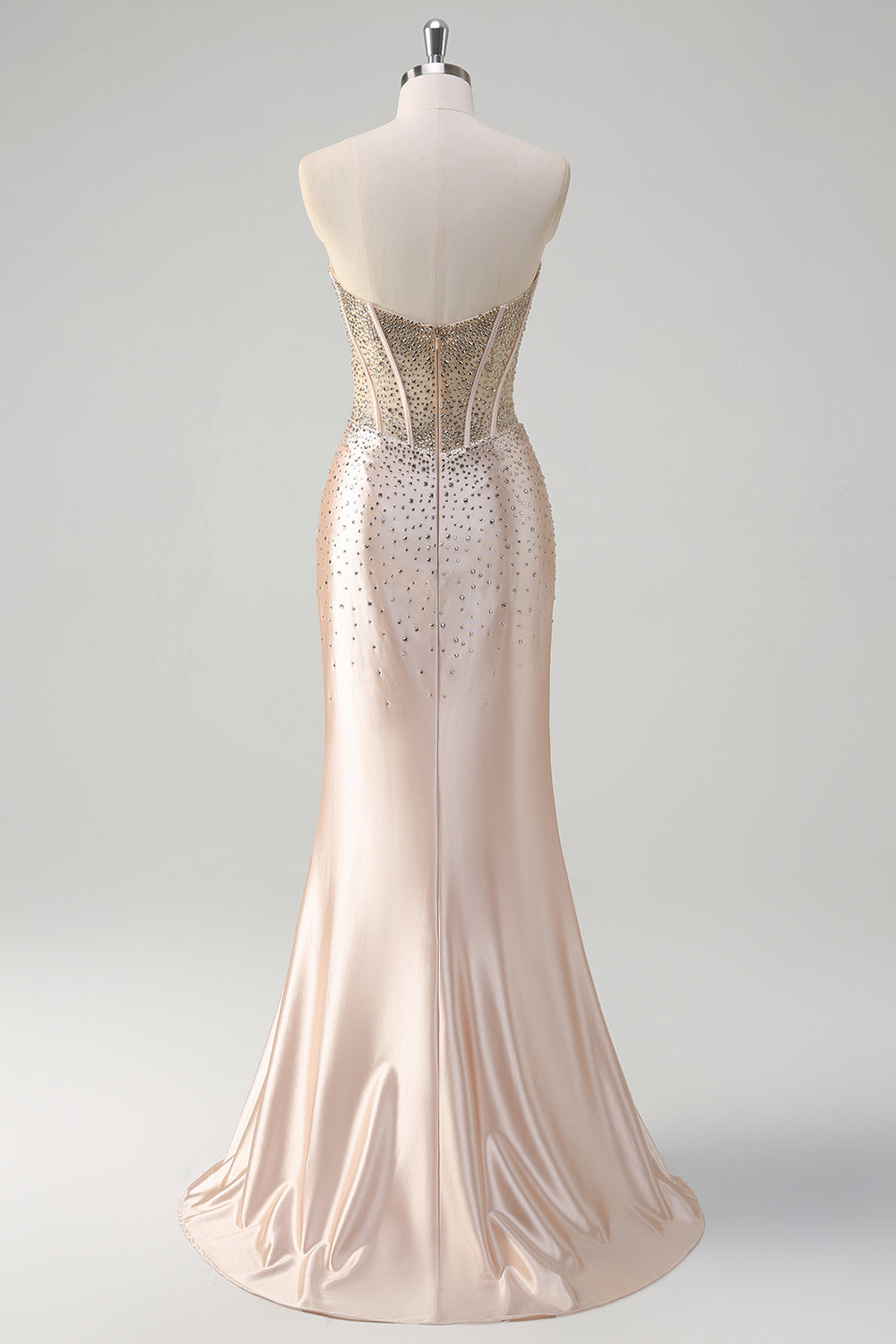 Champagne Strapless Mermaid Corset Beaded Long Prom Dress With Slit