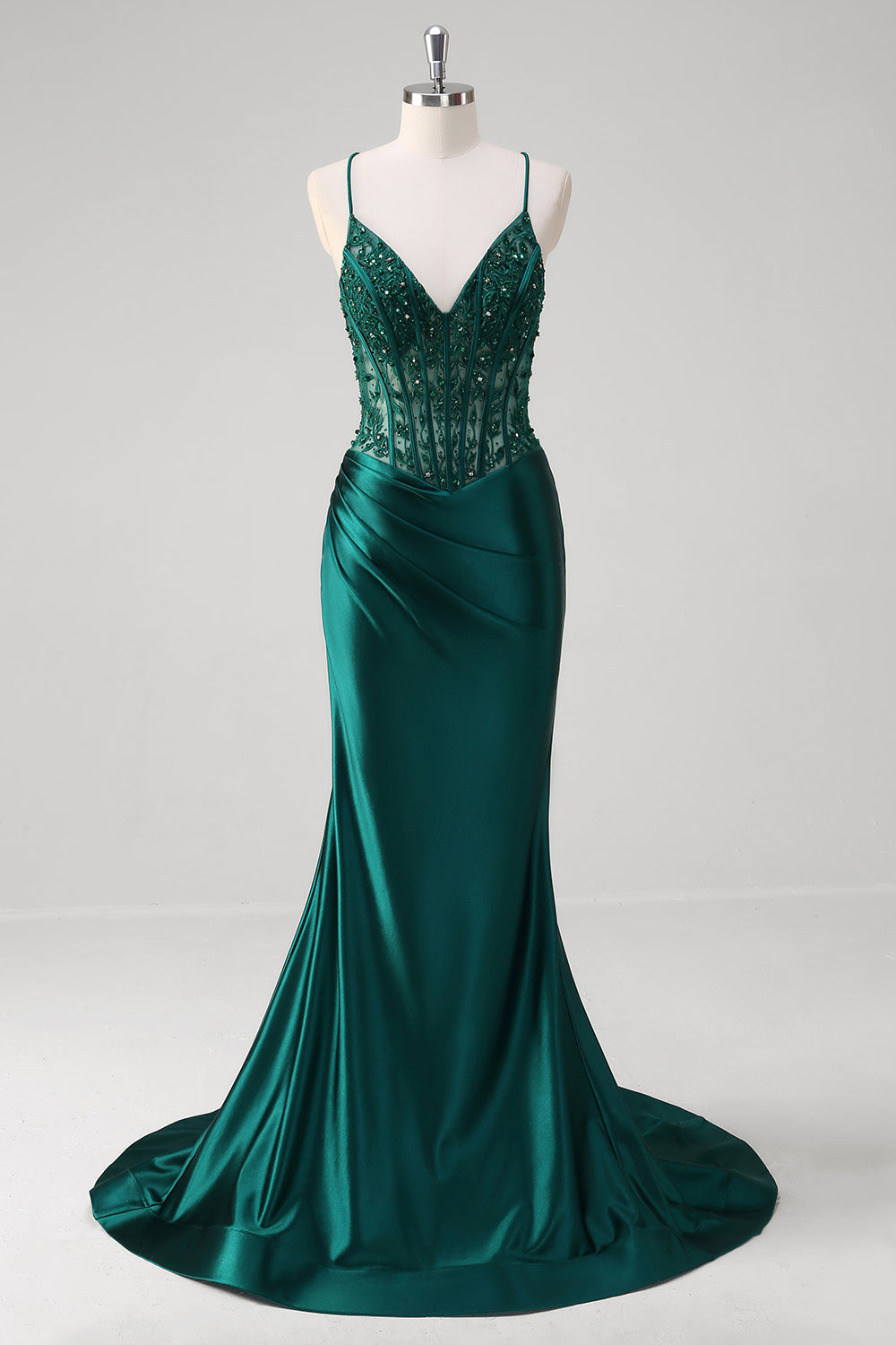 Dark Green Mermaid Lace Up Back Corset Long Prom Dress with Beading