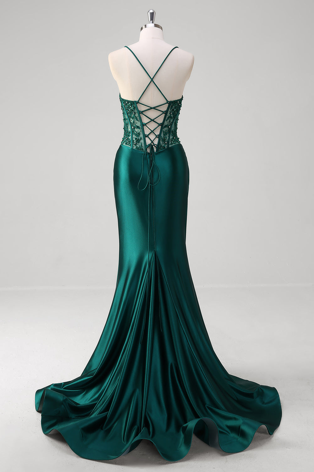 Dark Green Mermaid Lace Up Back Corset Long Prom Dress with Beading