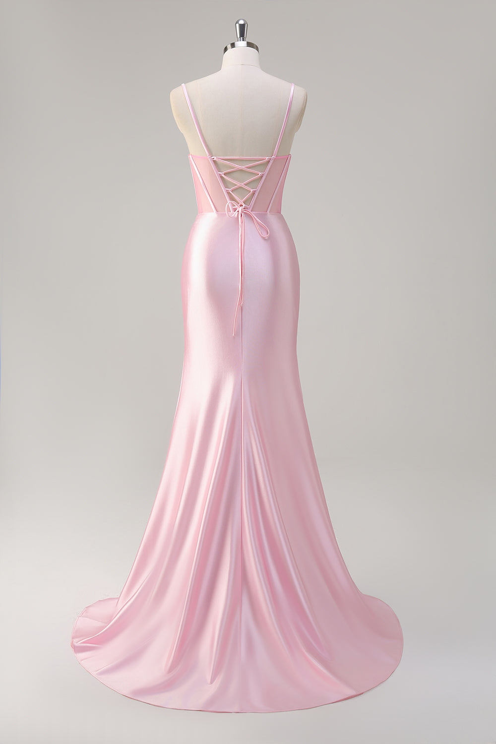 Pink Mermaid Spaghetti Straps Ruched Corset Beaded Long Prom Dress with Slit