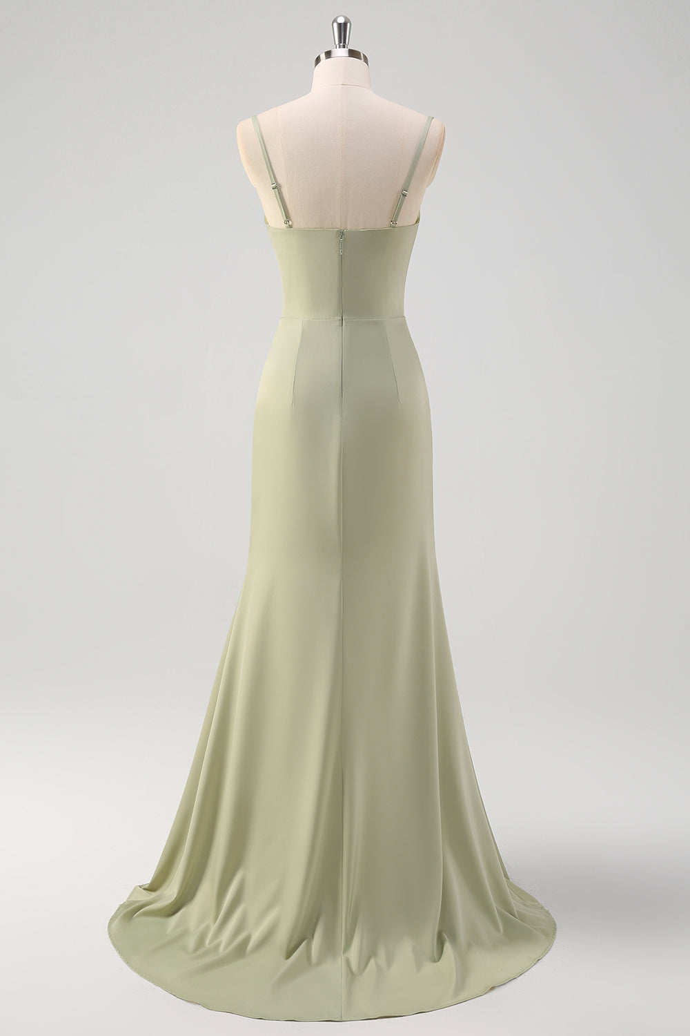 Sage Mermaid Spaghetti Straps Pleated Corset Long Bridesmaid Dress With Slit