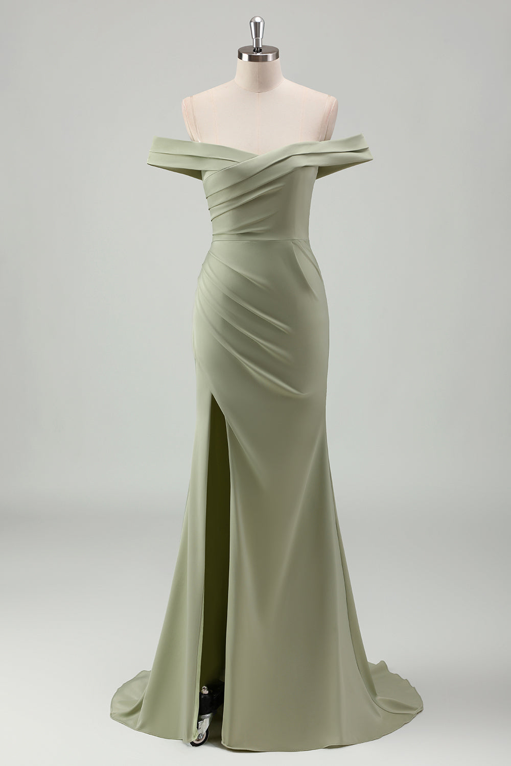 Sage Mermaid Off The Shoulder Pleated Long Bridesmaid Dress With Slit