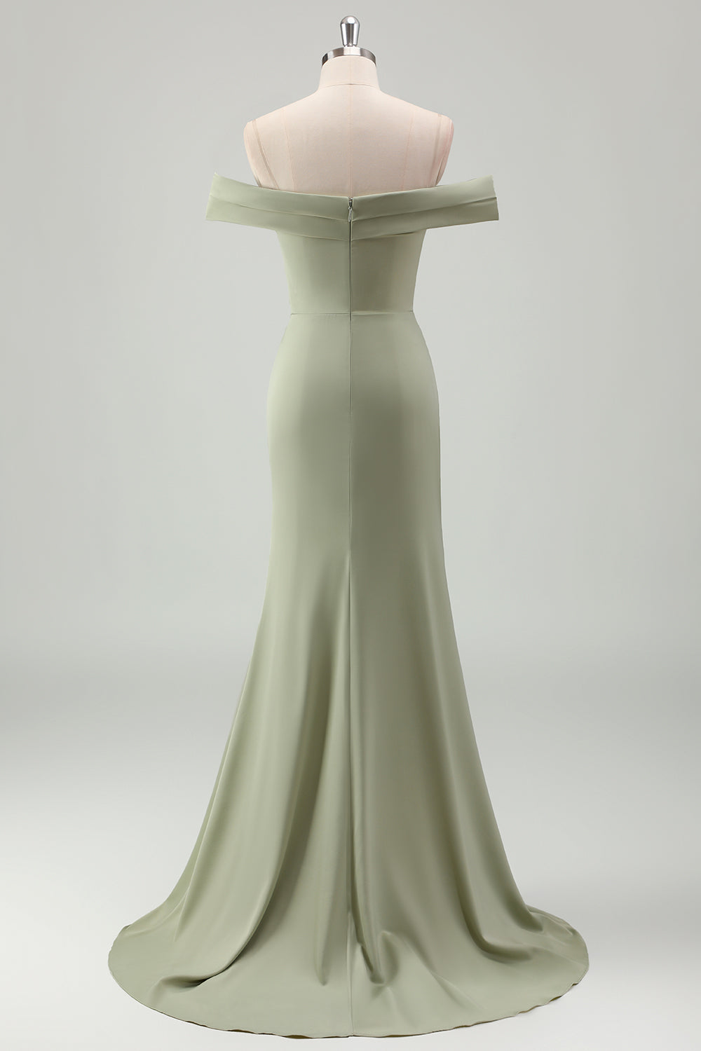 Sage Mermaid Off The Shoulder Pleated Long Bridesmaid Dress With Slit