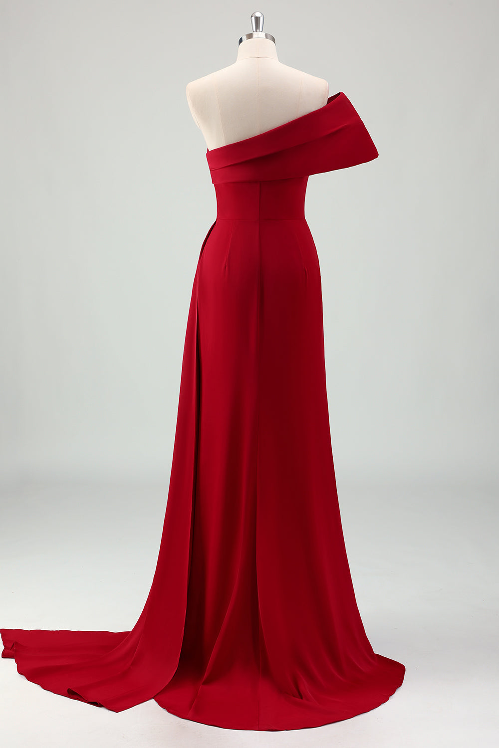 Red One Shoulder Pleated Satin Long Mermaid Prom Dress with Slit