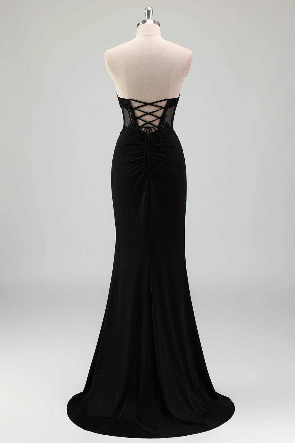 Sparkly Black Mermaid Corset Strapless Pleated Long Prom Dress with Slit