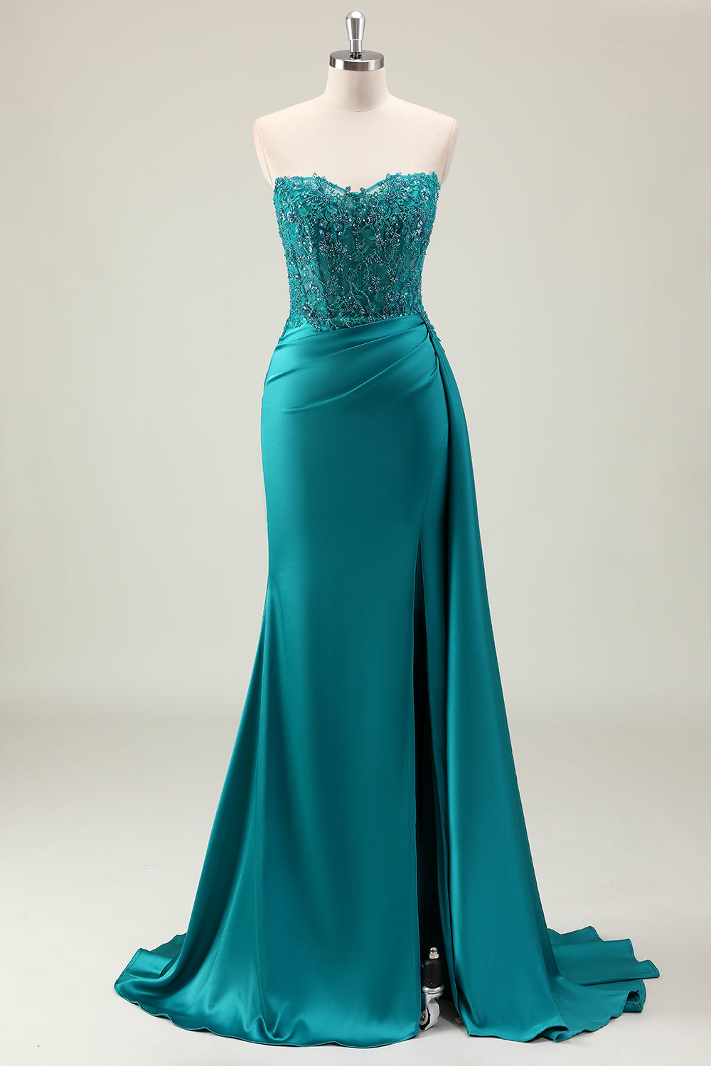 Green Mermaid Off Shoulder Corset Ruched Sequins Satin Prom Dress with Slit Split