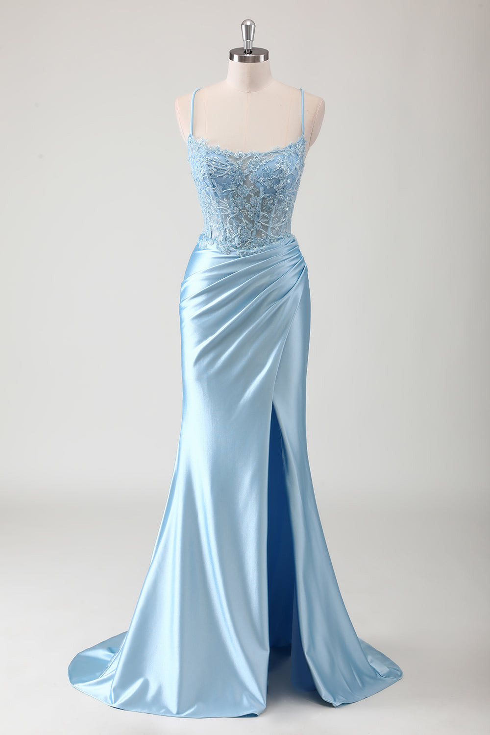 Blue Mermaid Spaghetti Straps Sheer Corset Ruched Long Prom Dress with Slit