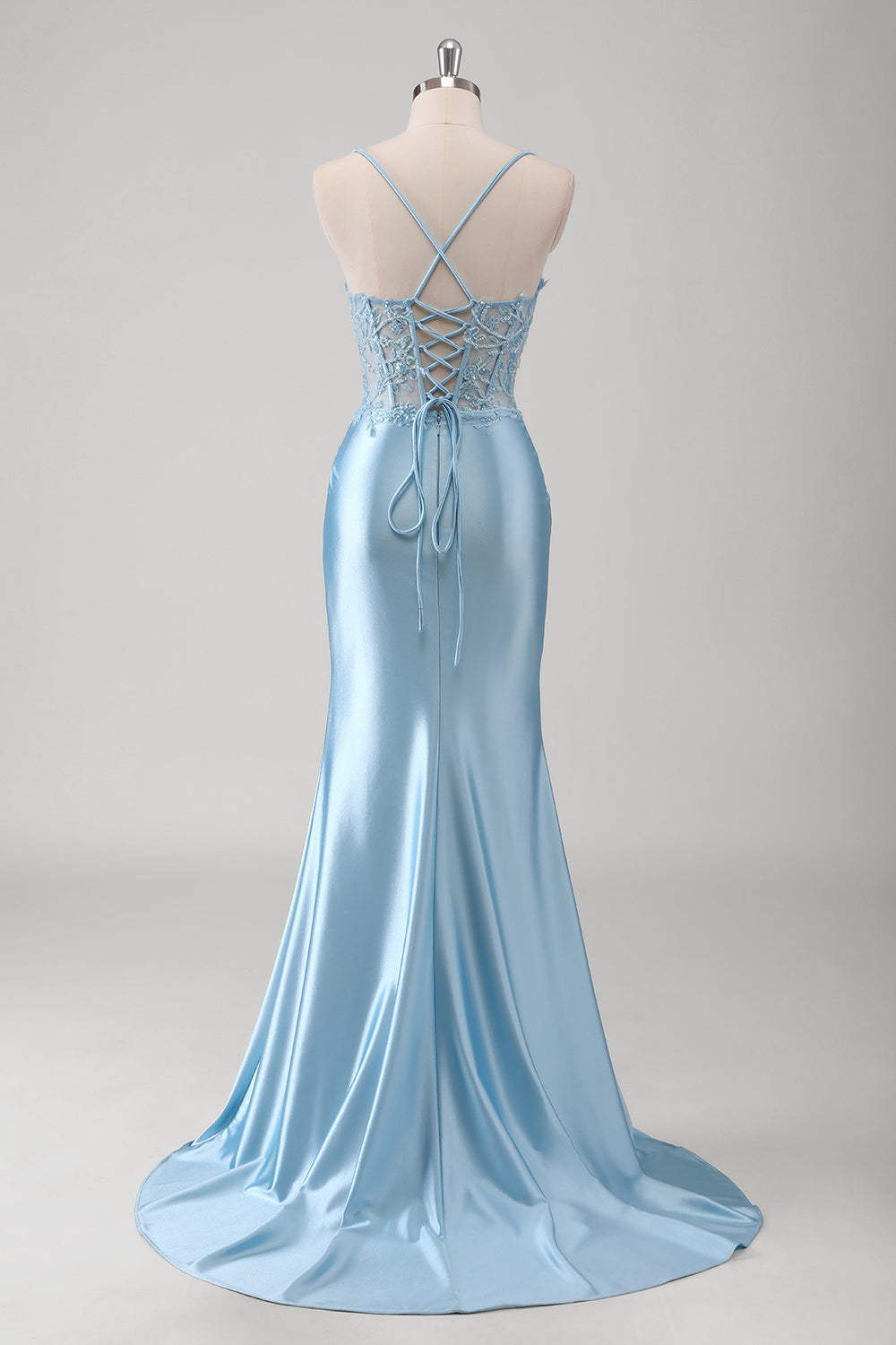 Blue Mermaid Spaghetti Straps Sheer Corset Ruched Long Prom Dress with Slit