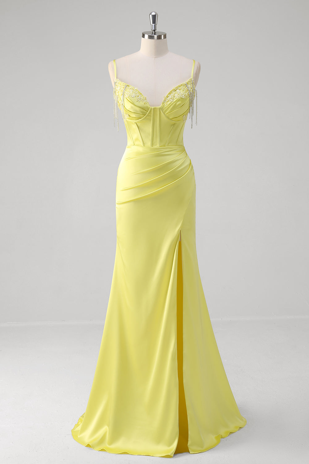 Yellow Mermaid Spaghetti Straps Corset Beaded Long Prom Dress With Slit