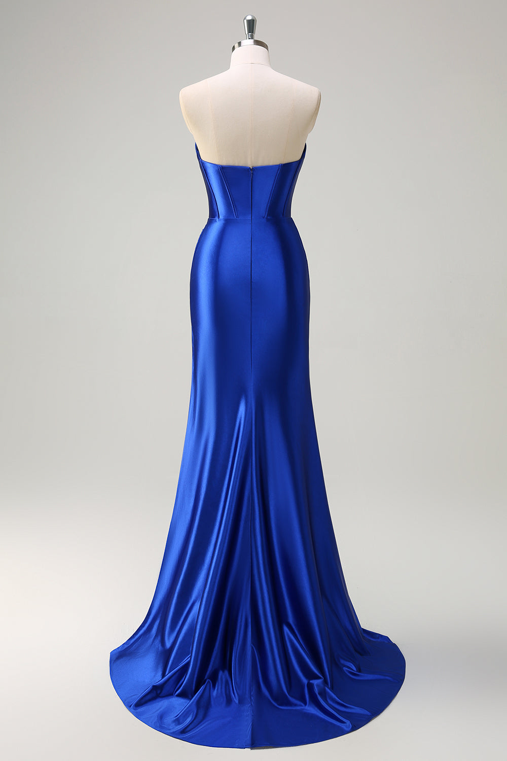 Royal Blue Strapless Pleated Corset Sequin Long Mermaid Prom Dress with Slit