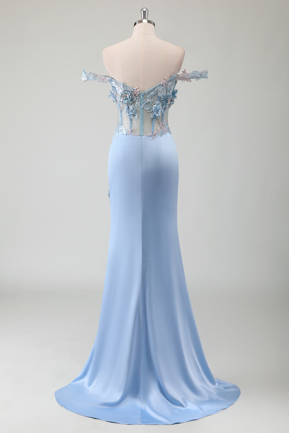 Sky Blue Mermaid Off The Shoulder Corset Appliqued Long Prom Dress With Slit