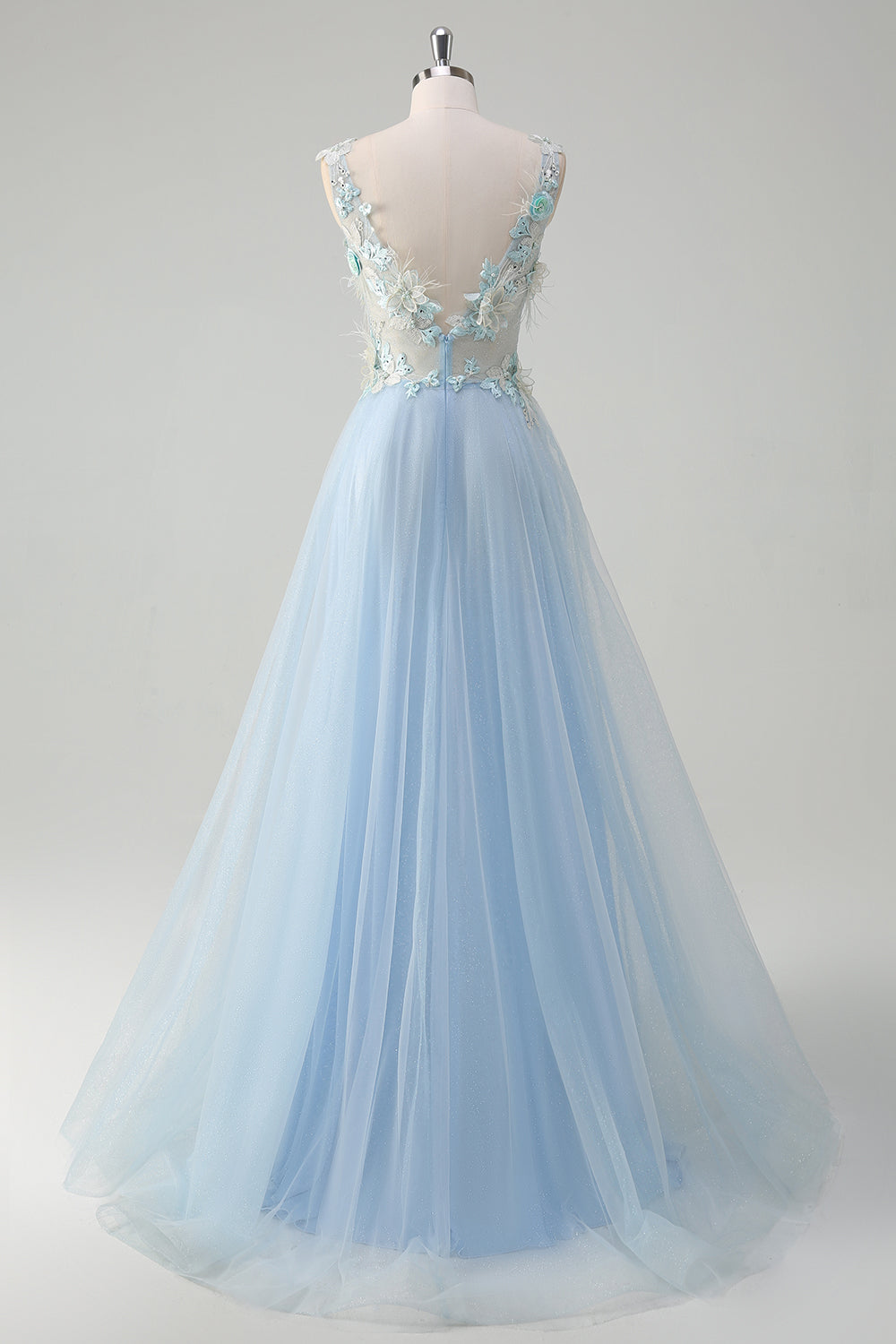 Light Blue A-Line Deep V-Neck Tulle Beaded Long Prom Dress with 3D Flowers