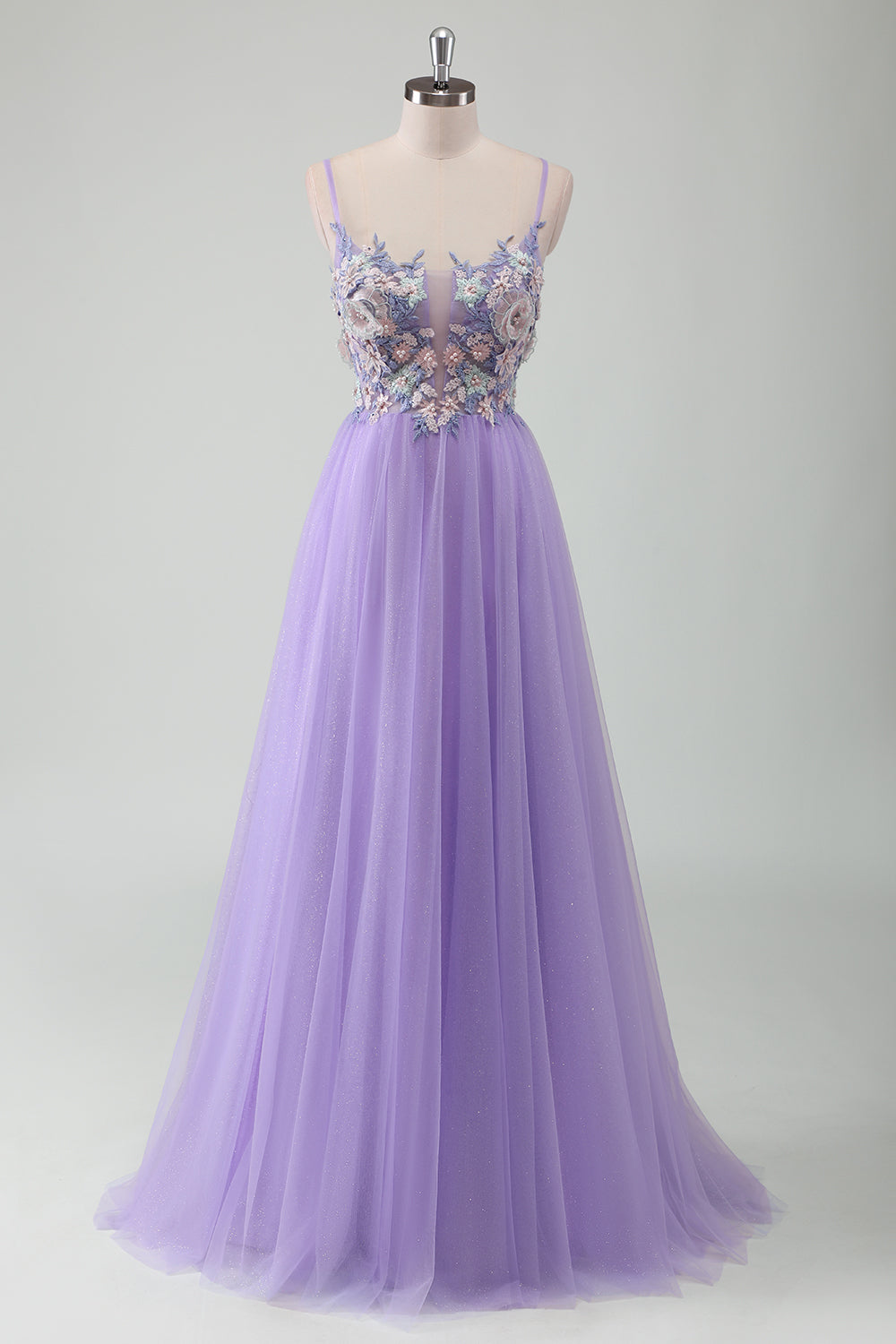 Purple A-Line Spaghetti Straps Open Back Pearl Long Prom Dress with 3D Flowers