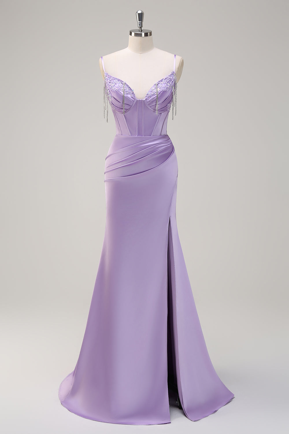 Lilac Mermaid Spaghetti Straps Ruched Corset Beaded Long Prom Dress With Slit