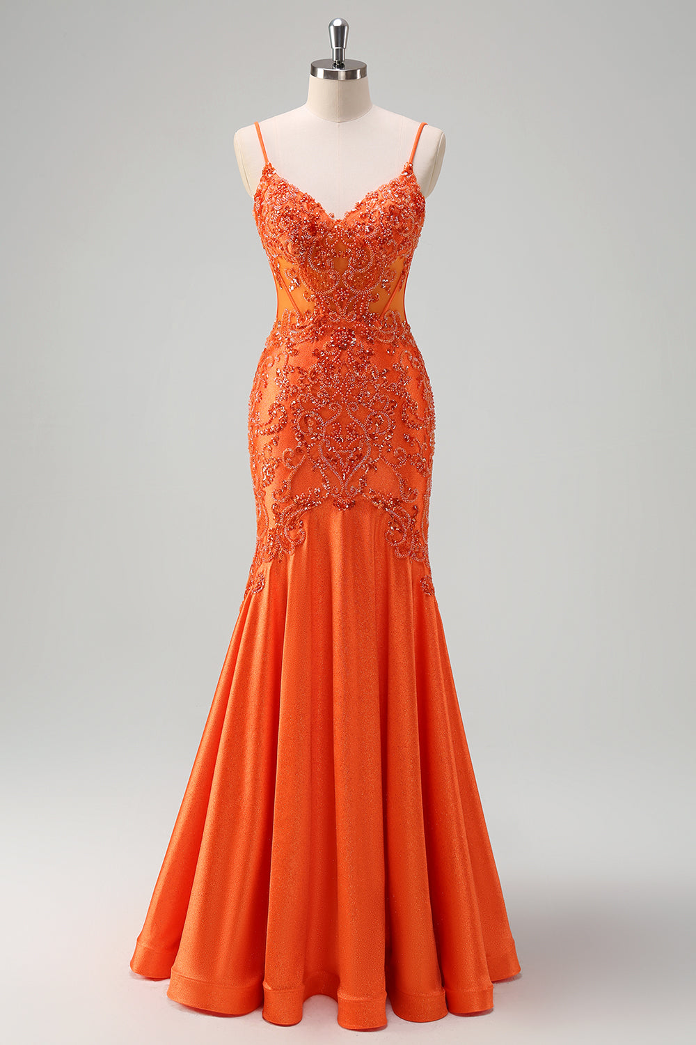 Glitter Orange Mermaid Spaghetti Straps Pleated Corset Long Prom Dress