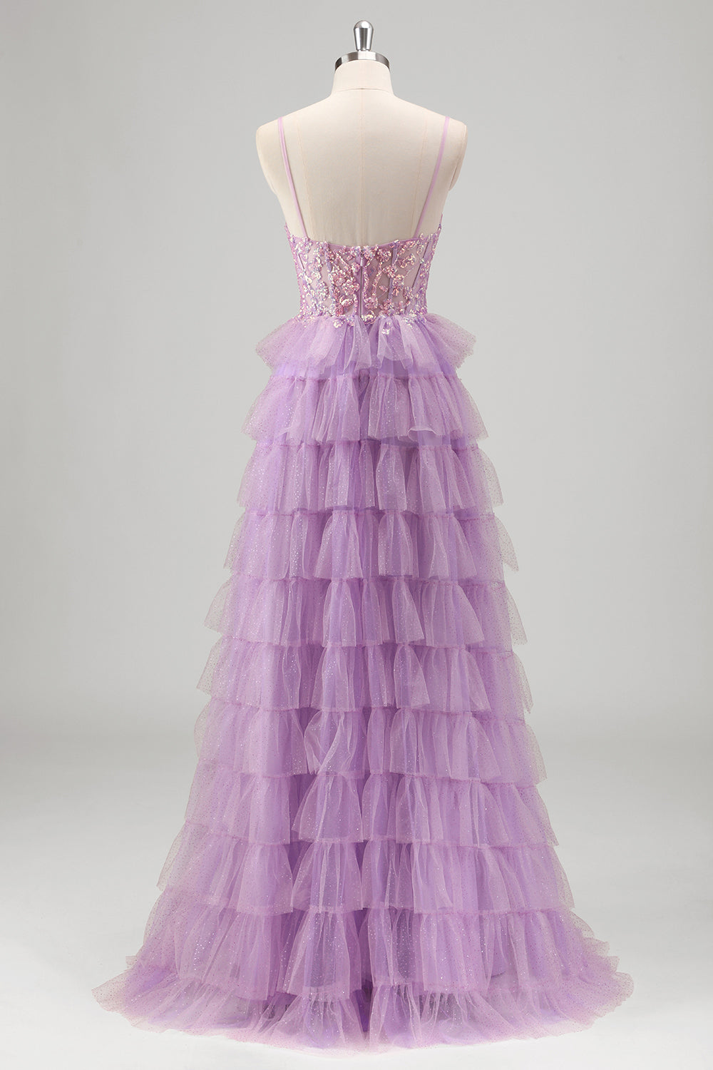 Sparkly Lilac A-Line Corset Sequins Tiered Prom Dress with Ruffle Slit