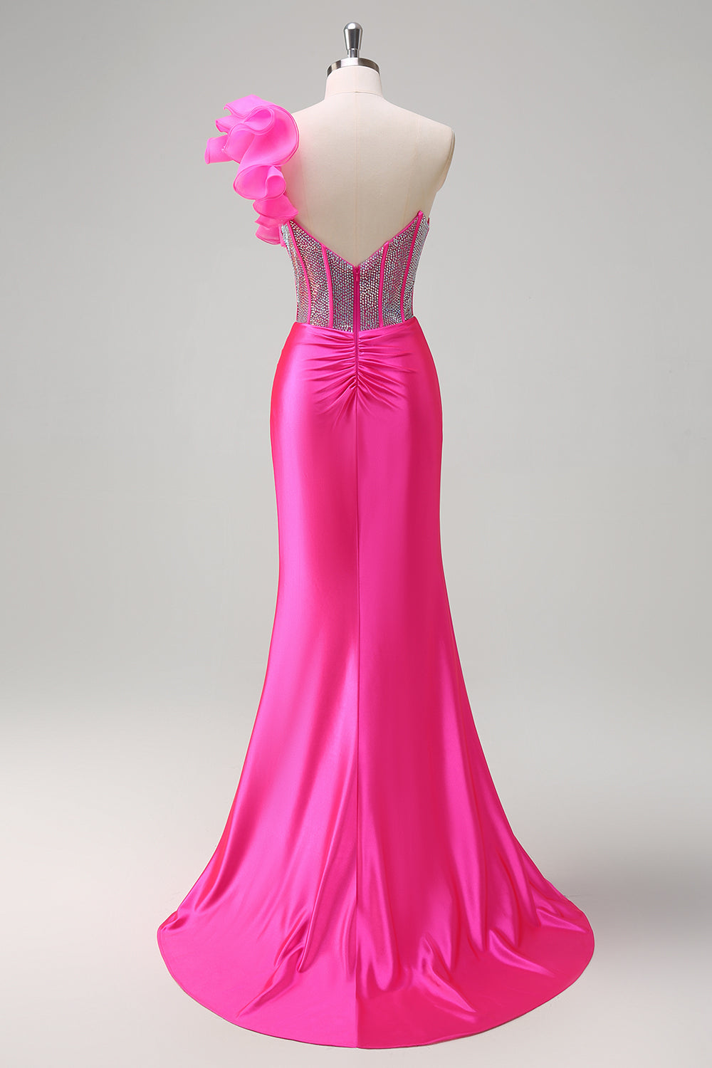 Sparkly Fuchsia Mermaid Removable Ruffles One Shoulder Long Prom Dress With Slit