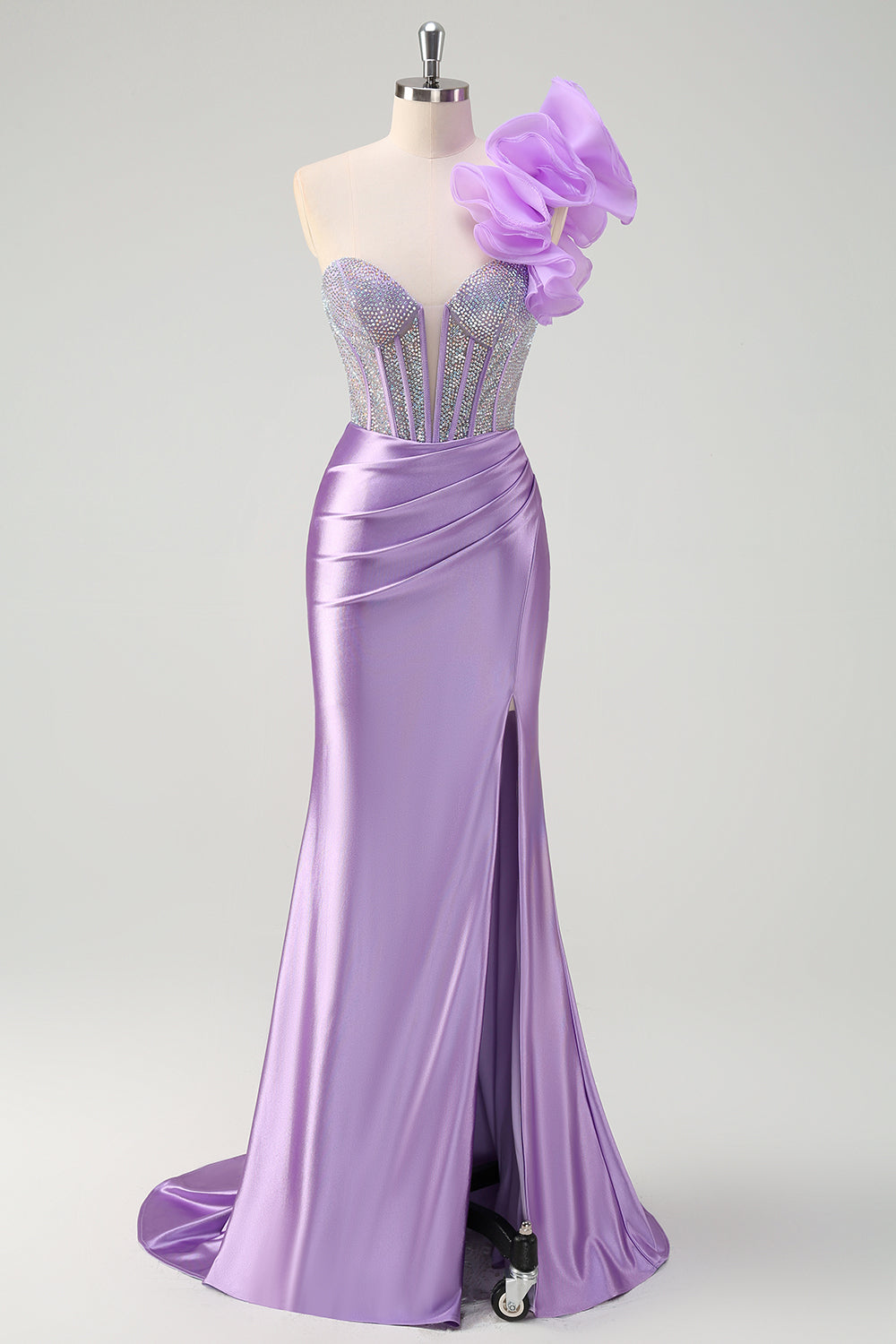 Sparkly Lilac Mermaid One Shoulder Removable Ruffles Long Prom Dress With Slit