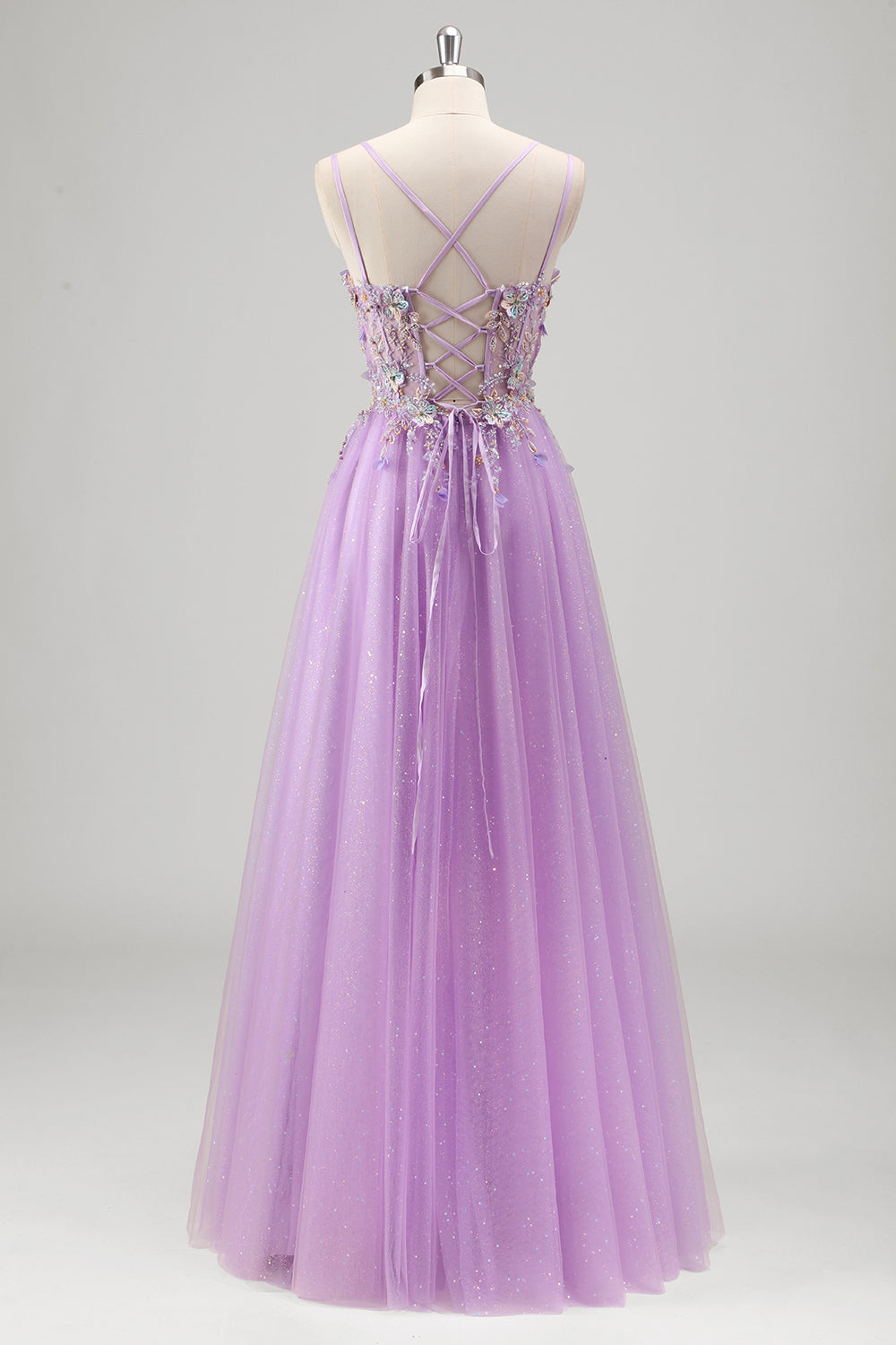 Sparkly Lilac A Line Corset Beaded Tulle Floral Prom Dress with Appliques