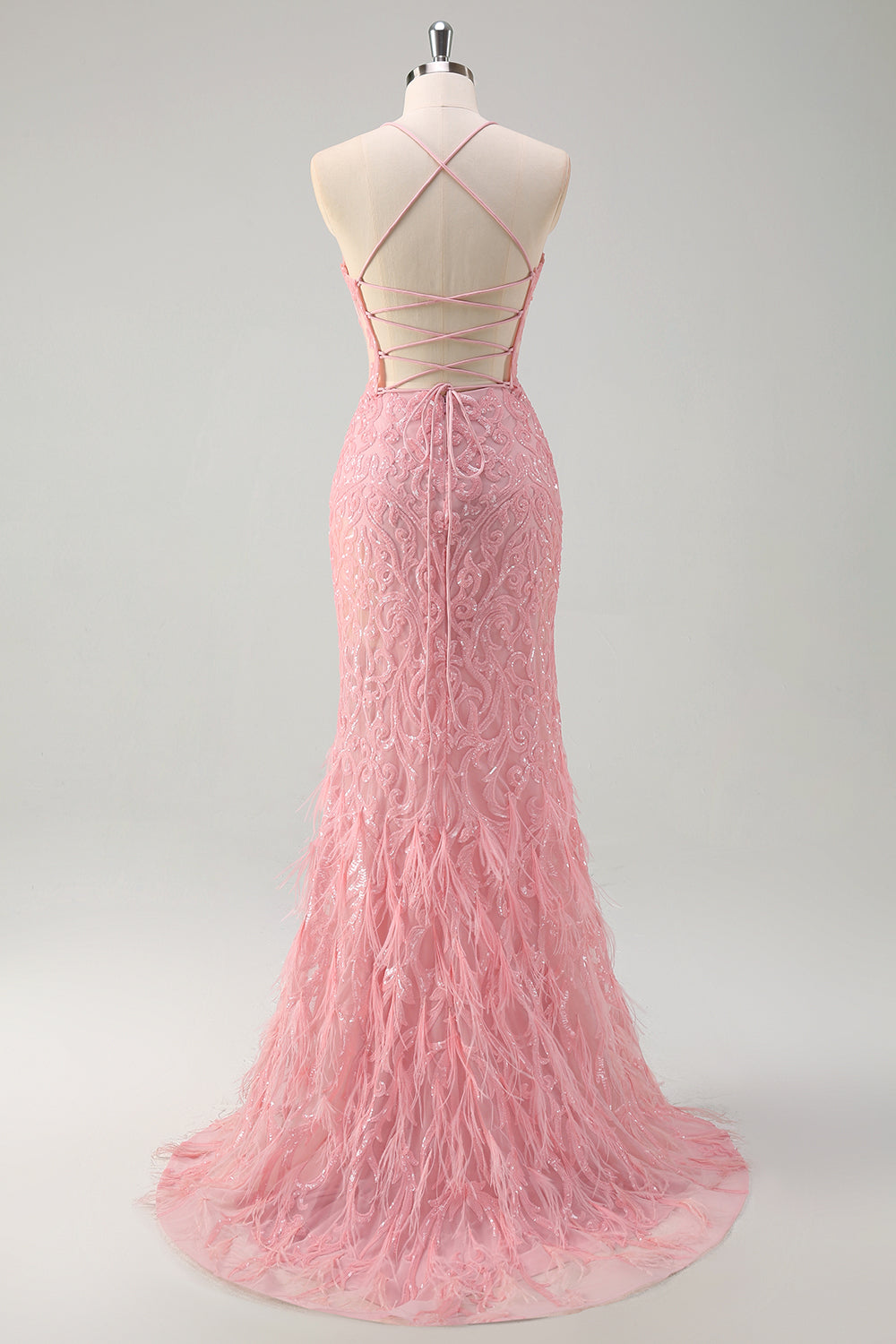 Sparkly Pink Mermaid Halter Long Prom Dress With Feather