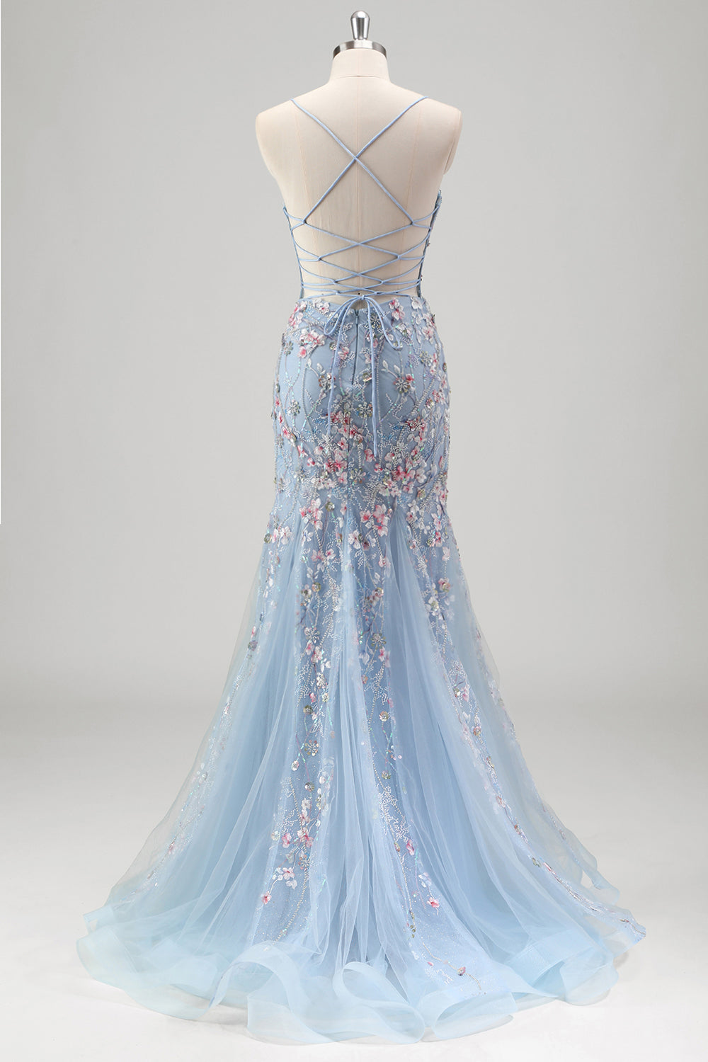 Sparkly Light Blue Floral Mermaid Corset Tulle Beaded Prom Dress with Embroidery