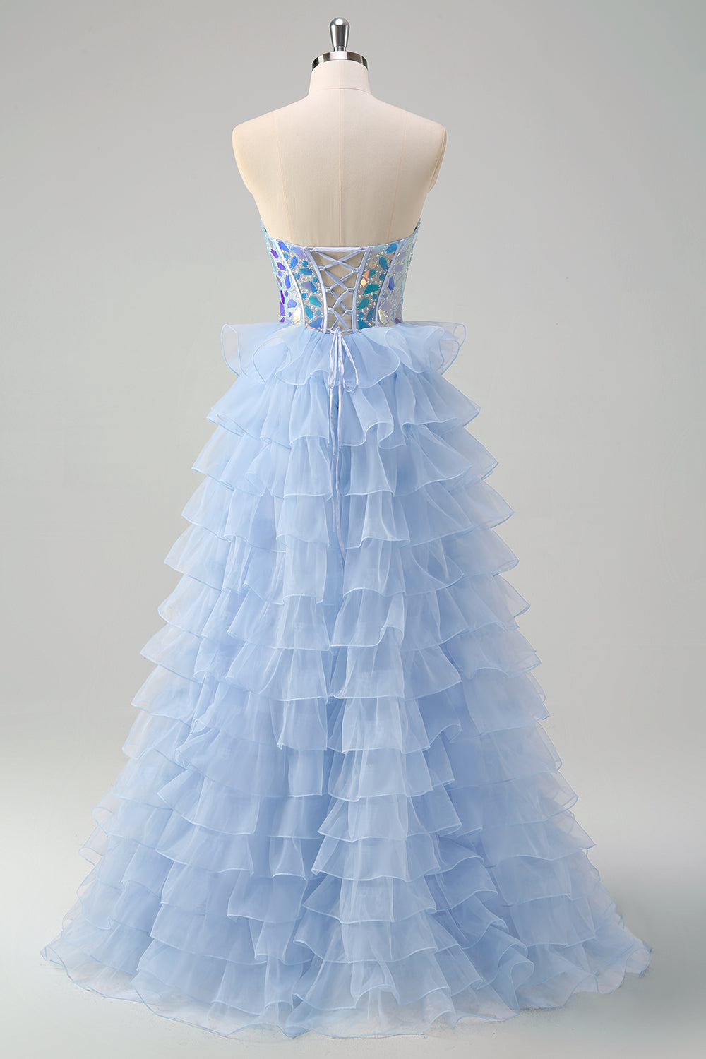 Sparkly Blue A Line Sweetheart Keyhole Tiered Corset Mirror Prom Dress With Sequins