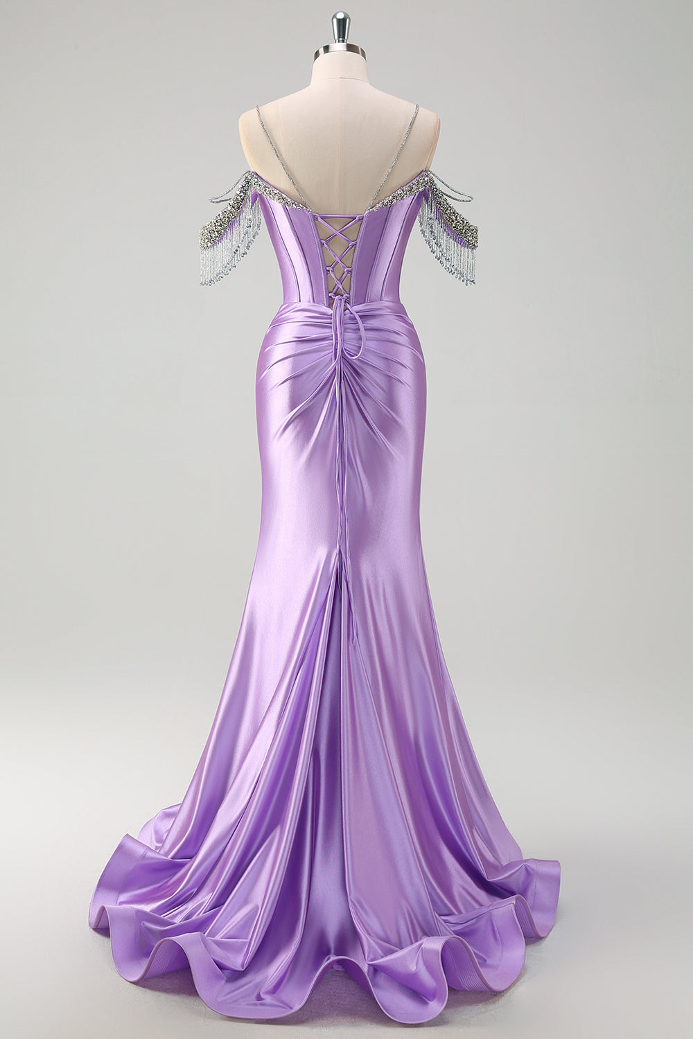 Sparkly Lilac Mermaid Cold Shoulder Pleated Prom Dress With Sequin Tassels