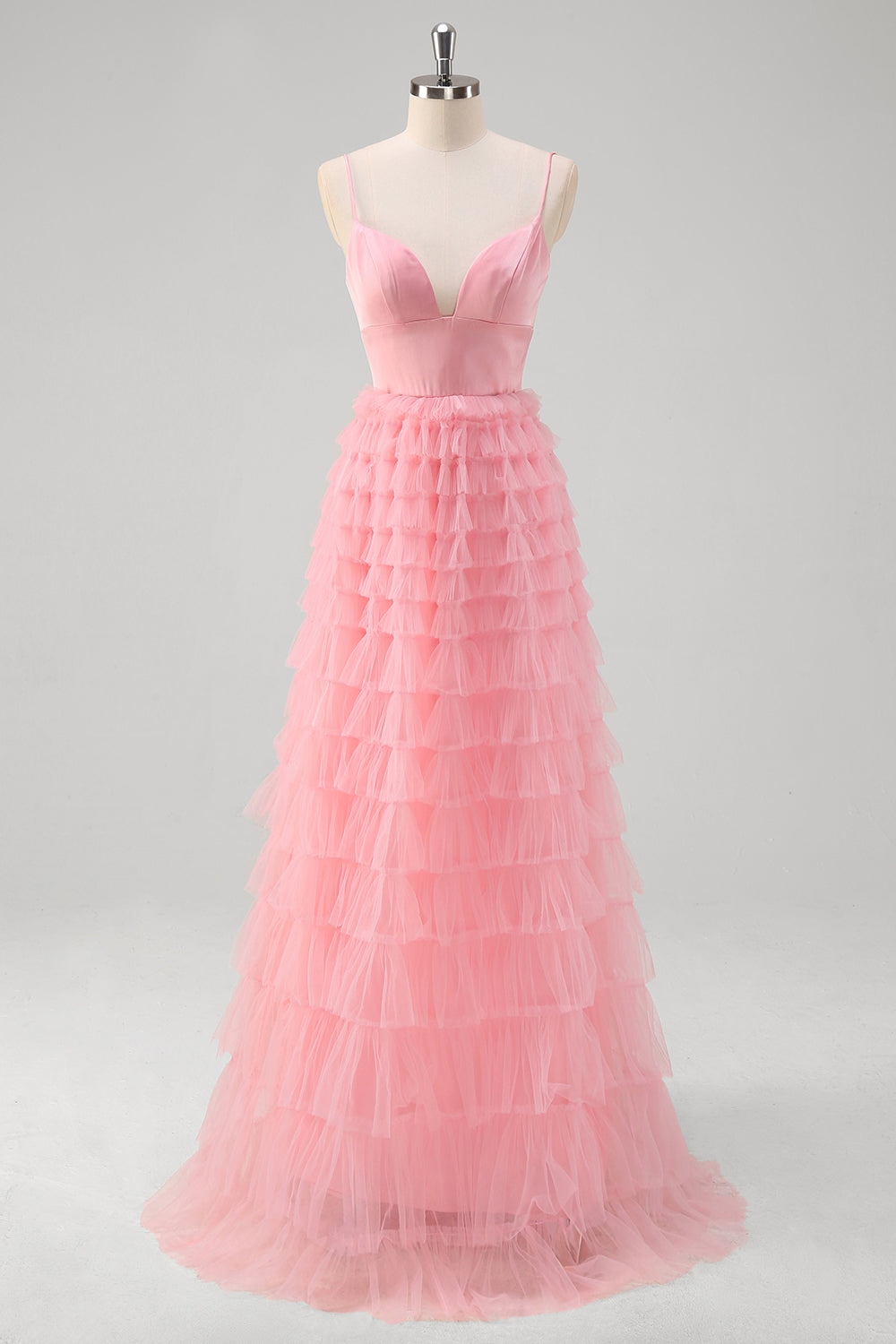 Pink Tulle A Line Spaghetti Straps Open Back Tiered Long Prom Dress