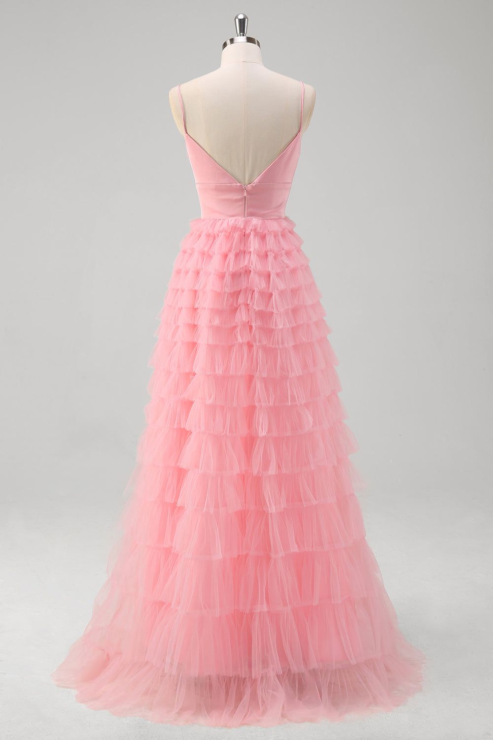 Pink Tulle A Line Spaghetti Straps Open Back Tiered Long Prom Dress