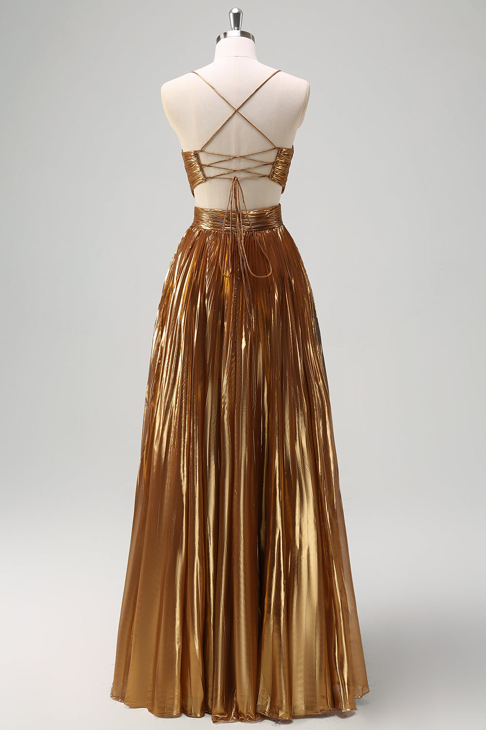 Sparkly Golden A-Line Cut Out Ruched Long Metallic Prom Dress with Lace Up Back