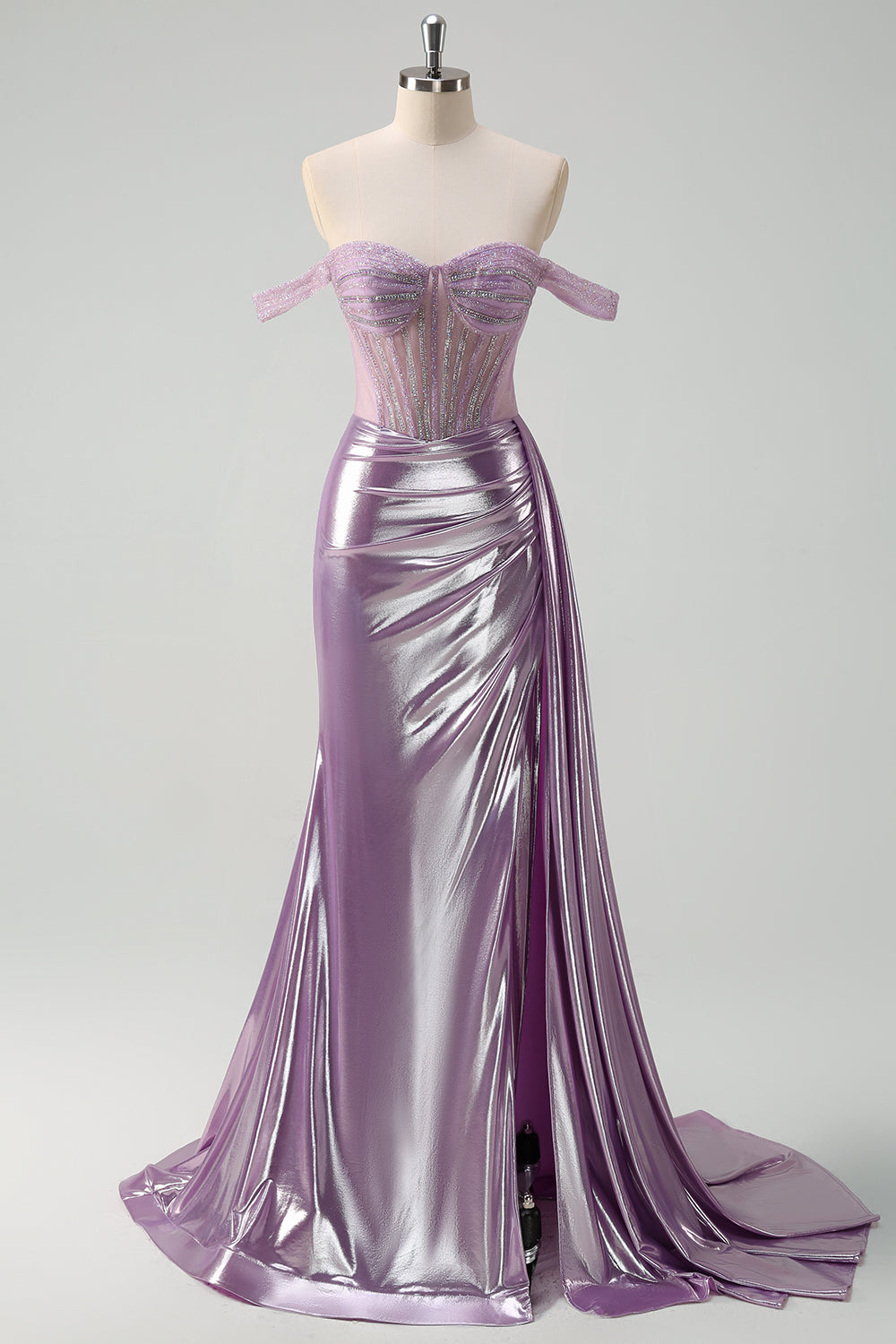 Light Purple Mermaid Off The Shoulder Streamer Corset Metallic Prom Dress with Slit