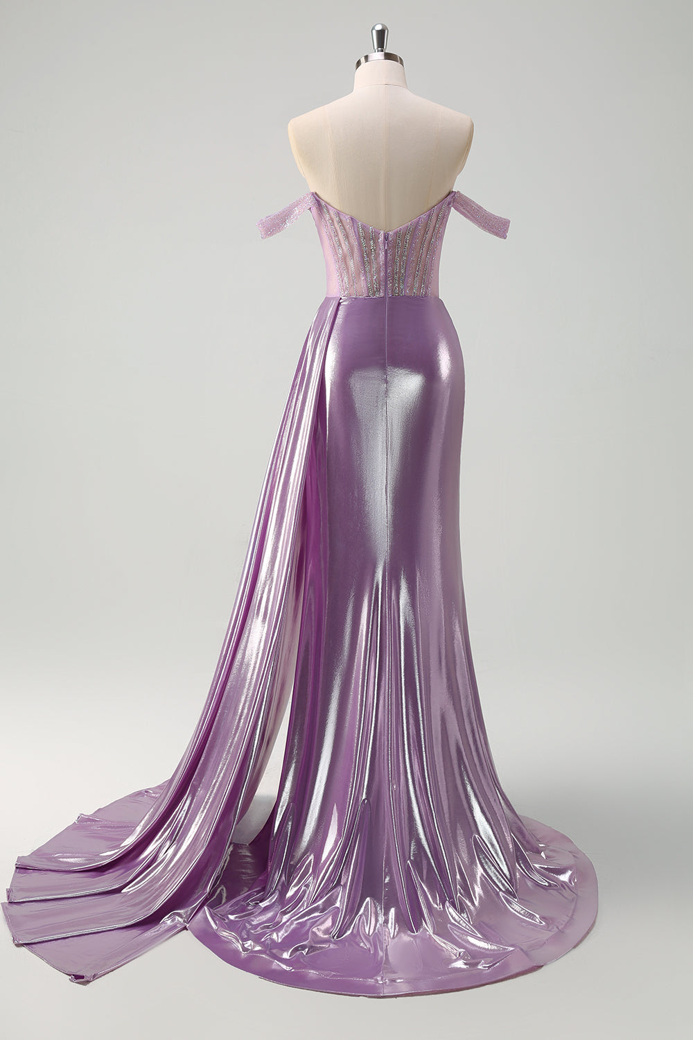 Light Purple Mermaid Off The Shoulder Streamer Corset Metallic Prom Dress with Slit