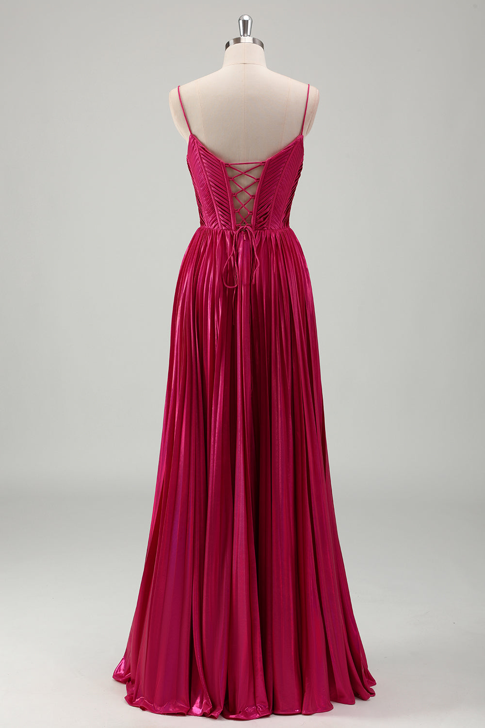 Fuchsia A Line Spaghetti Straps Corset Pleated Metallic Prom Dress with Lace Up Back