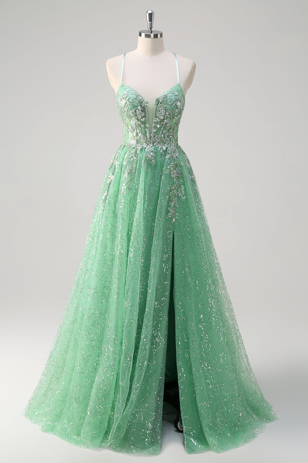 Sparkly Light Green A Line Spaghetti Straps Corset Sequin Long Prom Dress with Slit