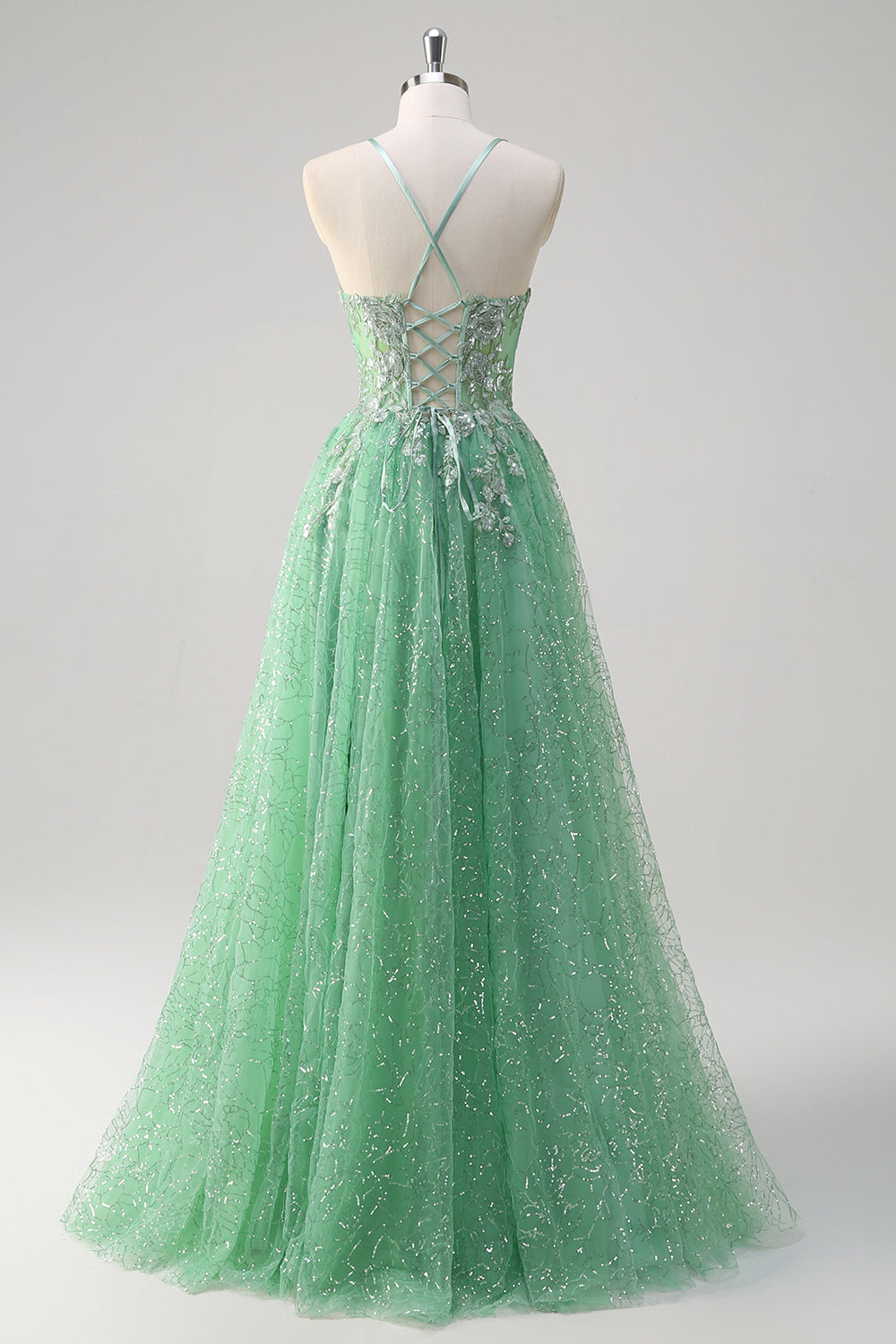 Sparkly Light Green A Line Spaghetti Straps Corset Sequin Long Prom Dress with Slit