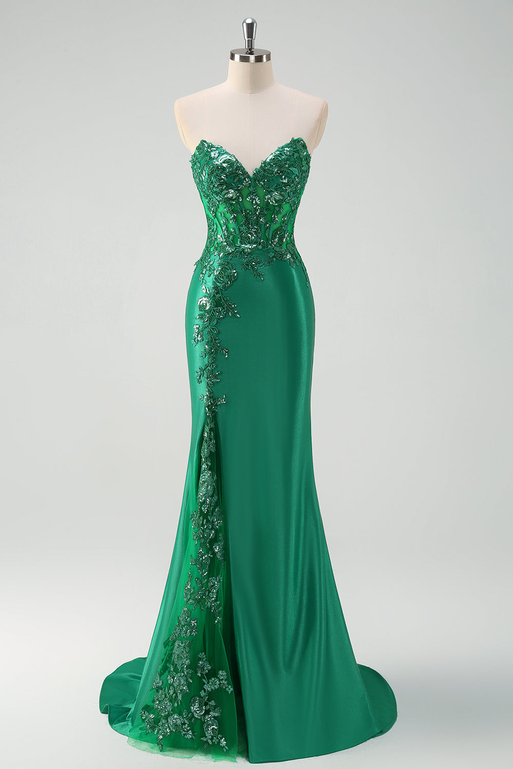 Green Mermaid Strapless Corset Sparkly Sequin Long Prom Dress with Slit