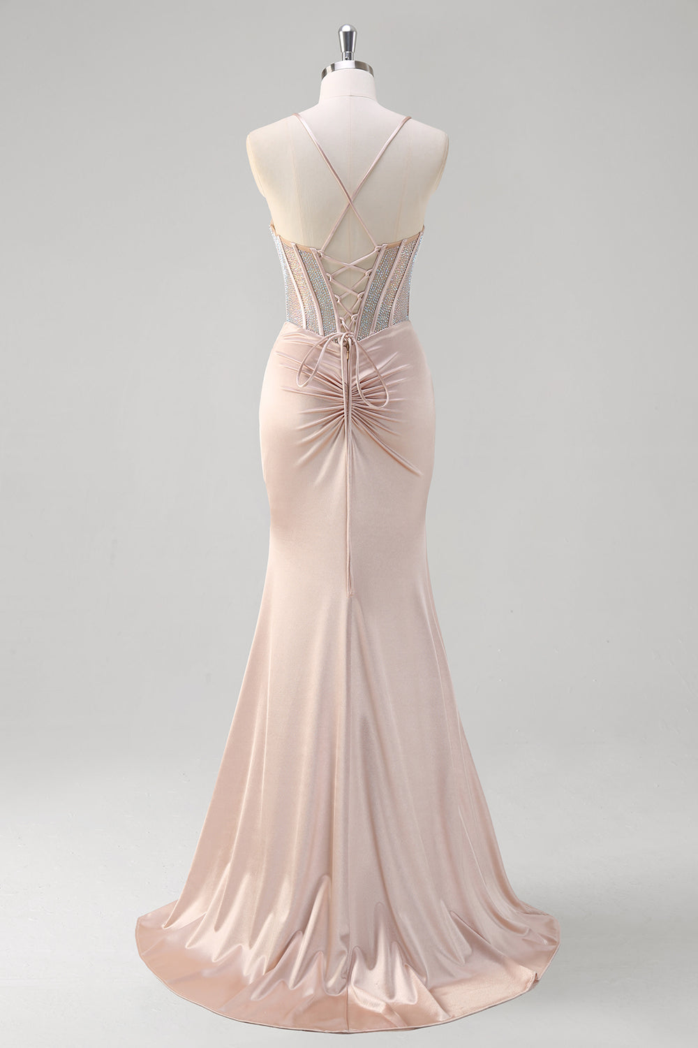 Stylish Blush Mermaid Spaghetti Straps Ruched Corset Beaded Long Prom Dress with Slit