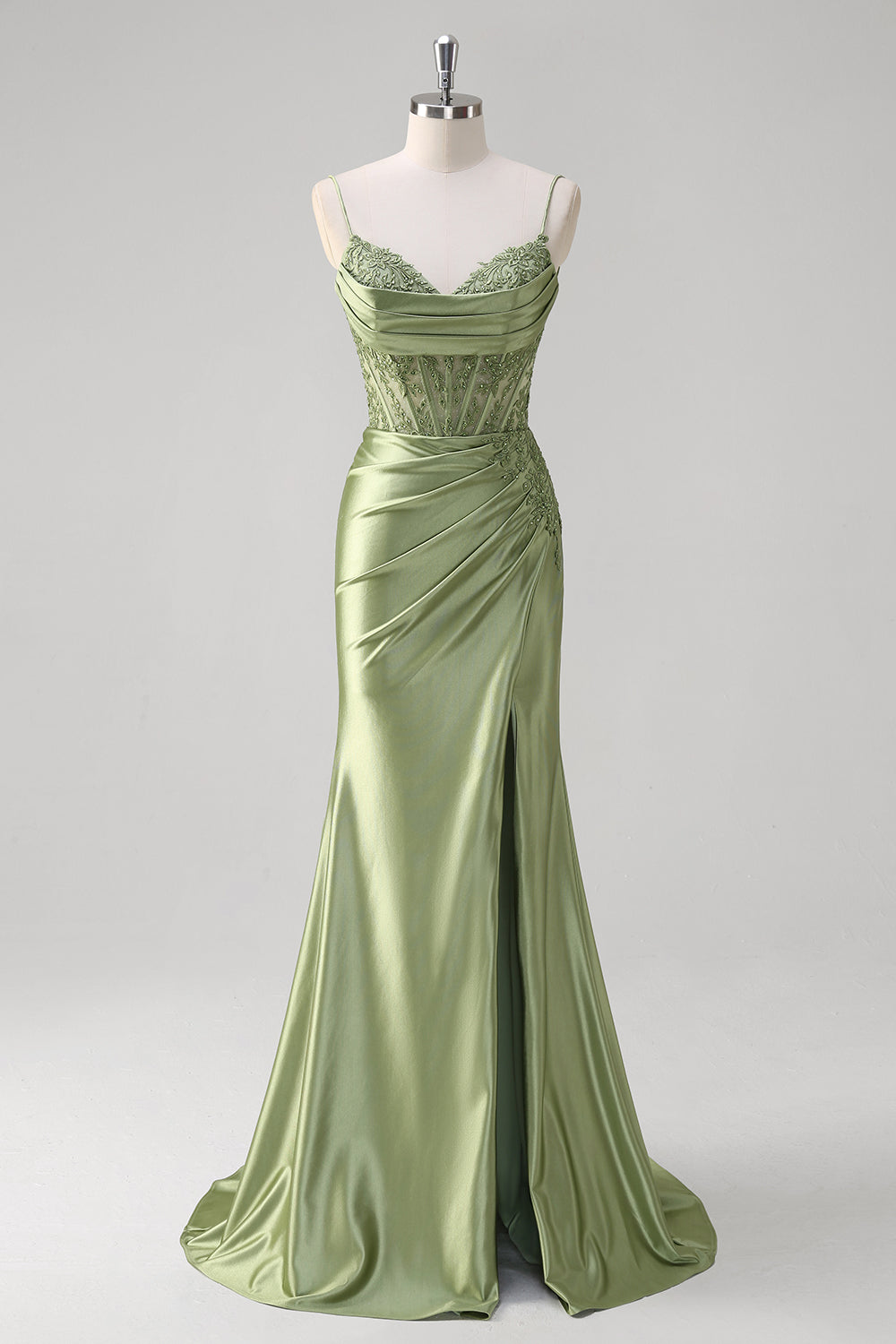 Green Mermaid Spaghetti Straps Corset Sequin Appliqued Long Prom Dress with Slit