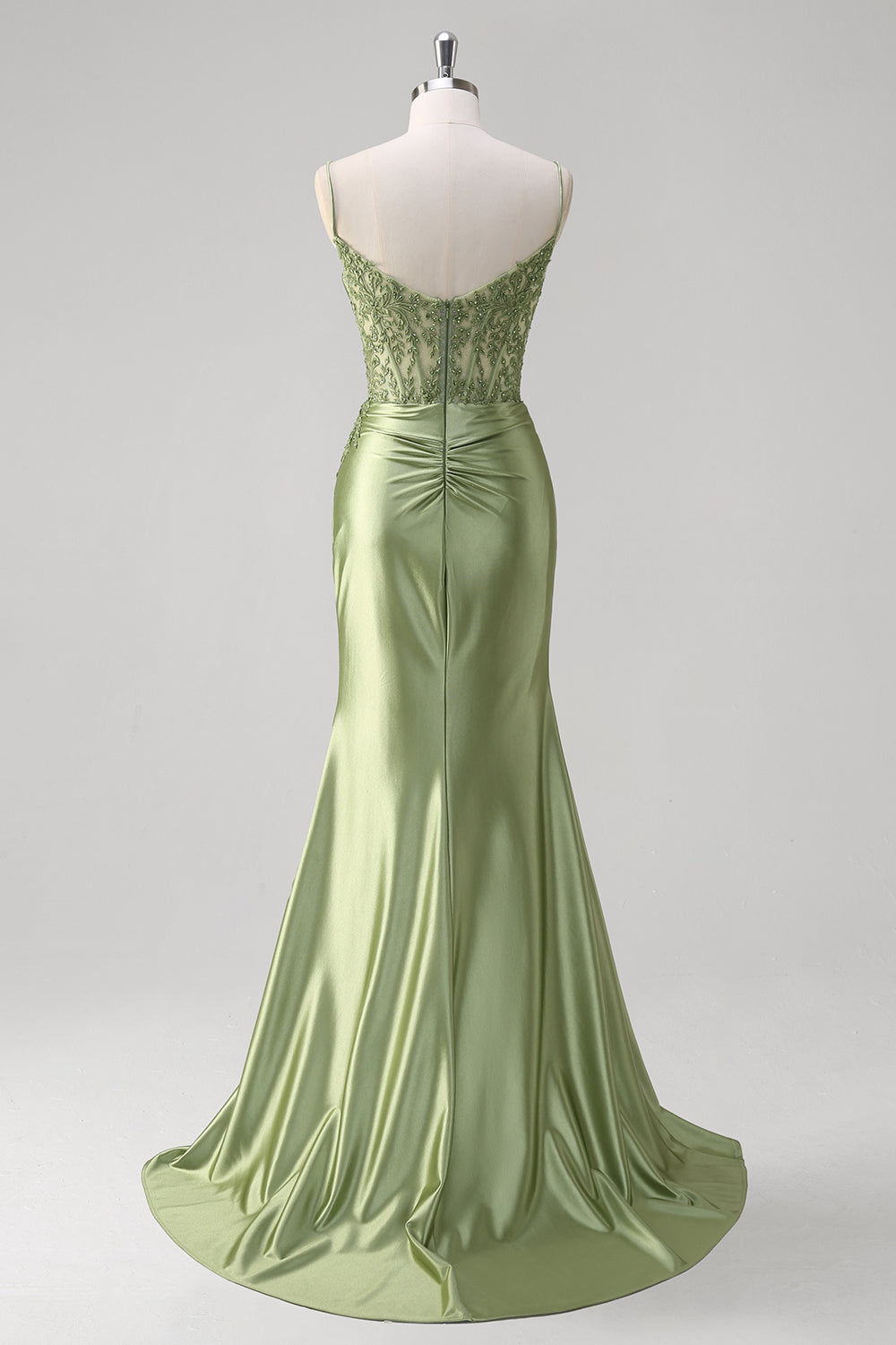 Green Mermaid Spaghetti Straps Corset Sequin Appliqued Long Prom Dress with Slit