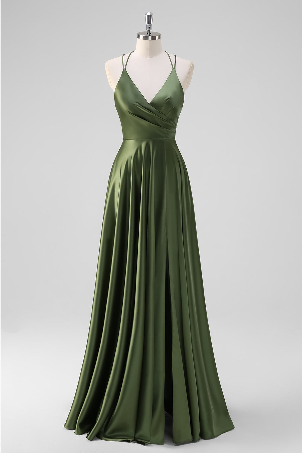 Olive A-Line Spaghetti Straps Ruched Satin Long Bridesmaid Dress