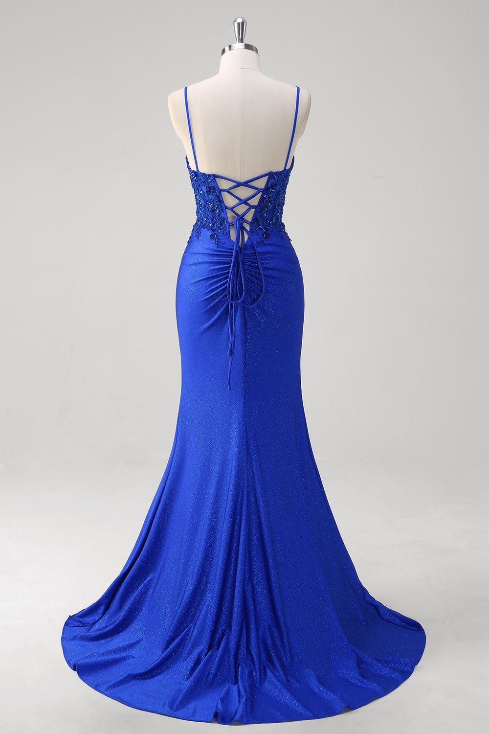 Sparkly Royal Blue Mermaid Appliques Sequin Ruched Corset Prom Dress with Slit