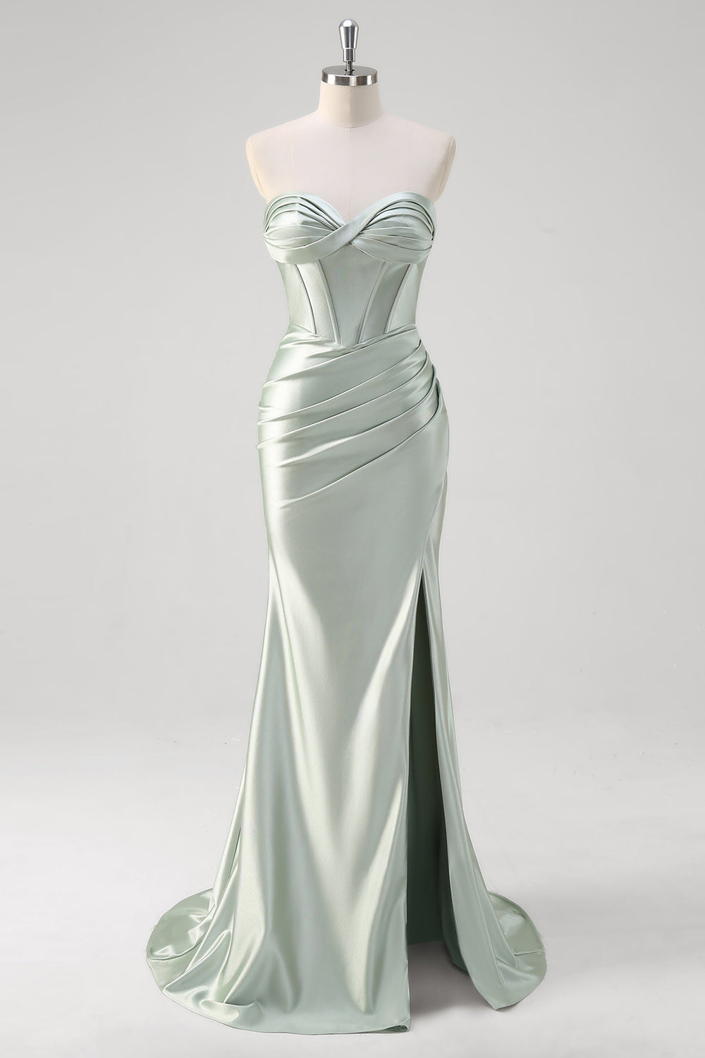 Matcha Mermaid Strapless Ruched Satin Corset Long Prom Dress with Slit