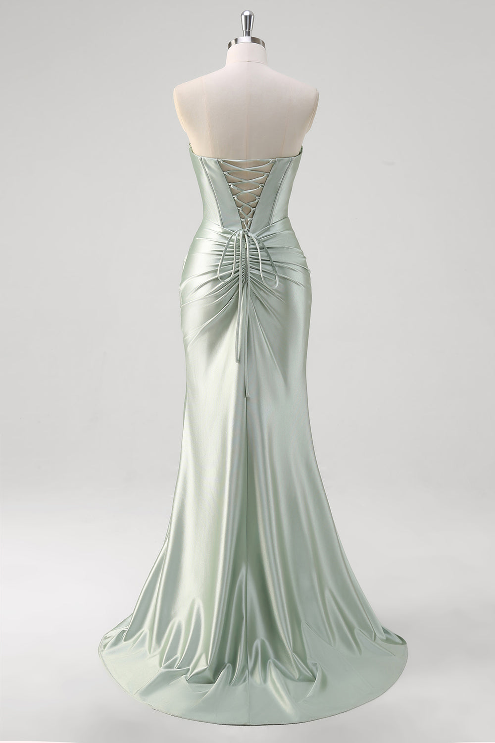 Matcha Mermaid Strapless Ruched Satin Corset Long Prom Dress with Slit