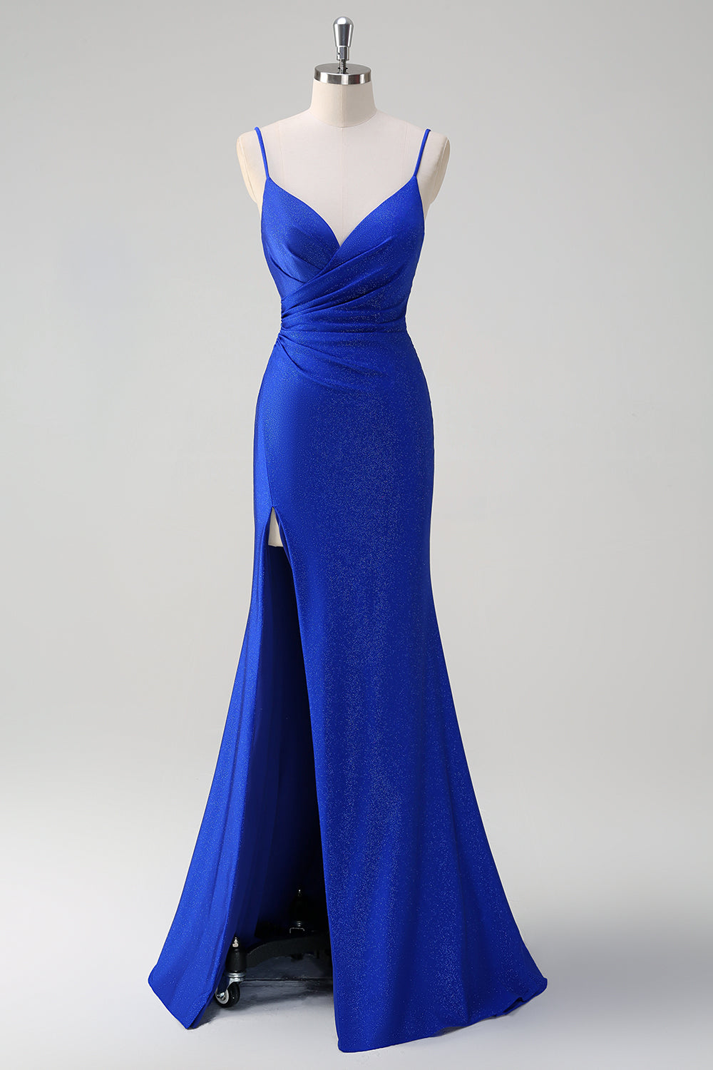 Sparkly Royal Blue Mermaid Spaghetti Straps Ruched Long Prom Dress With High Slit