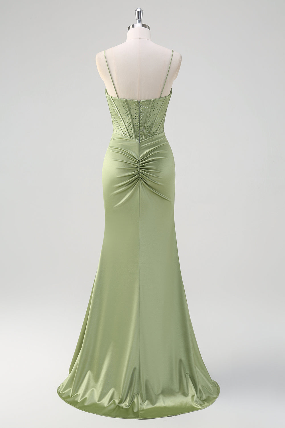 Green Mermaid Spaghetti Straps Ruched Corset Beaded Long Prom Dress With Slit