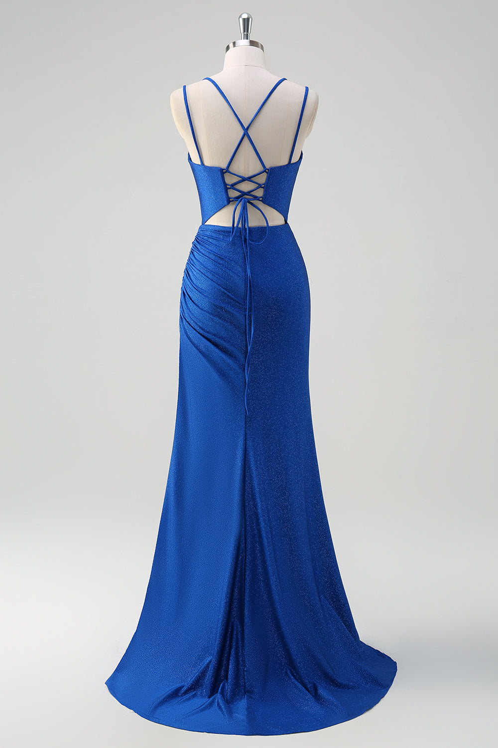 Sparkly Royal Blue Mermaid Spaghetti Straps Cut Out Ruched Long Prom Dress With Slit