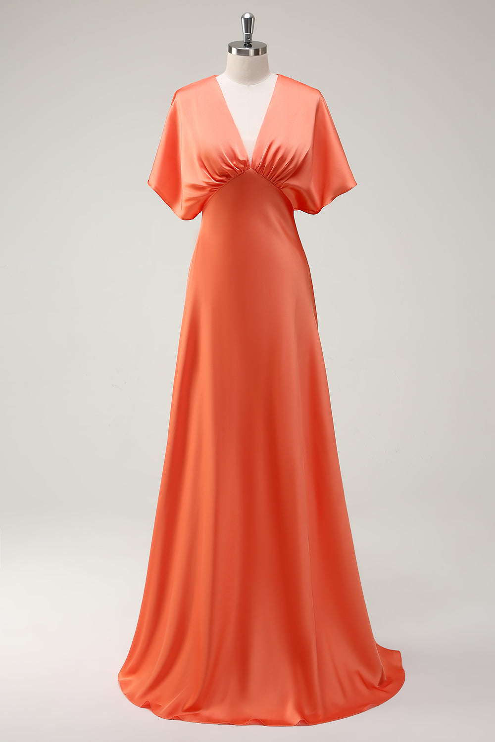 Sunset A Line V Neck Satin Long Bridesmaid Dress with Short Sleeves